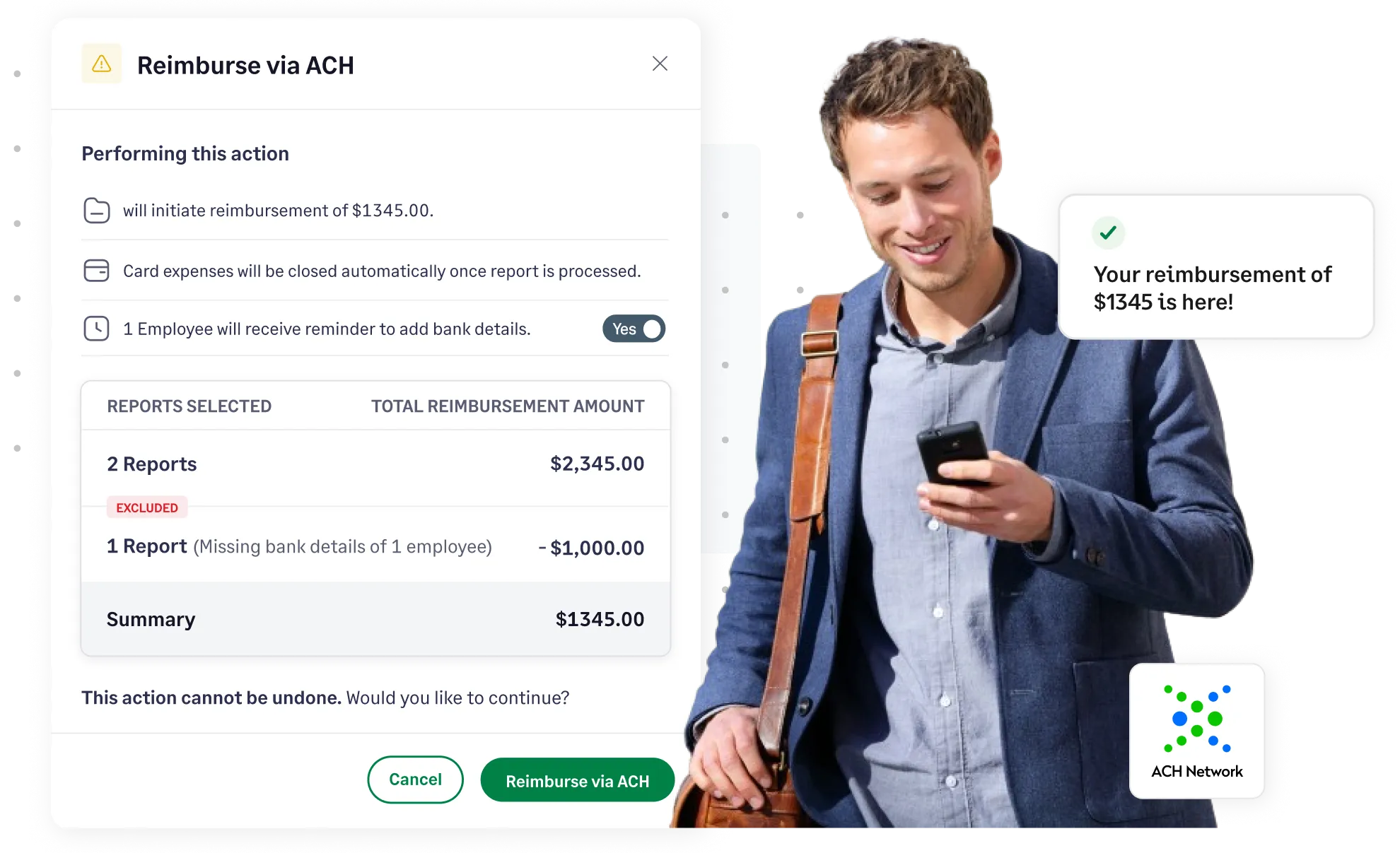 Reimburse employee expenses via ACH from Sage Expense Management's reimbursement software