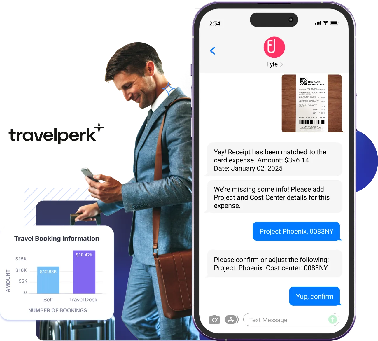A traveling employee submitting expenses via text message to Fyle's travel expenses management software