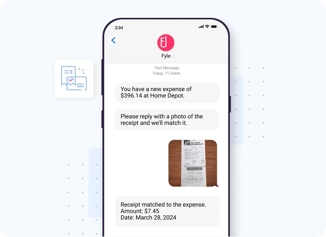 Fyle can track and match receipts to card transactions via Text