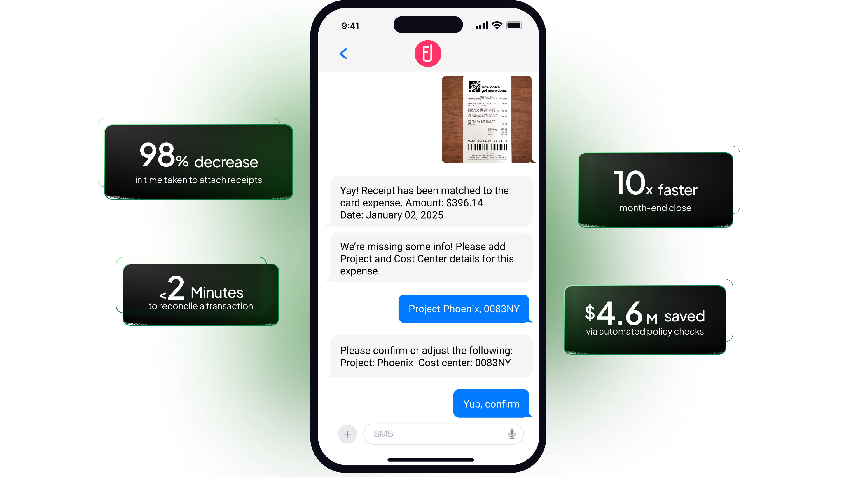 Phone showing how users can text a receipt to Sage Expense Management, with key statistics