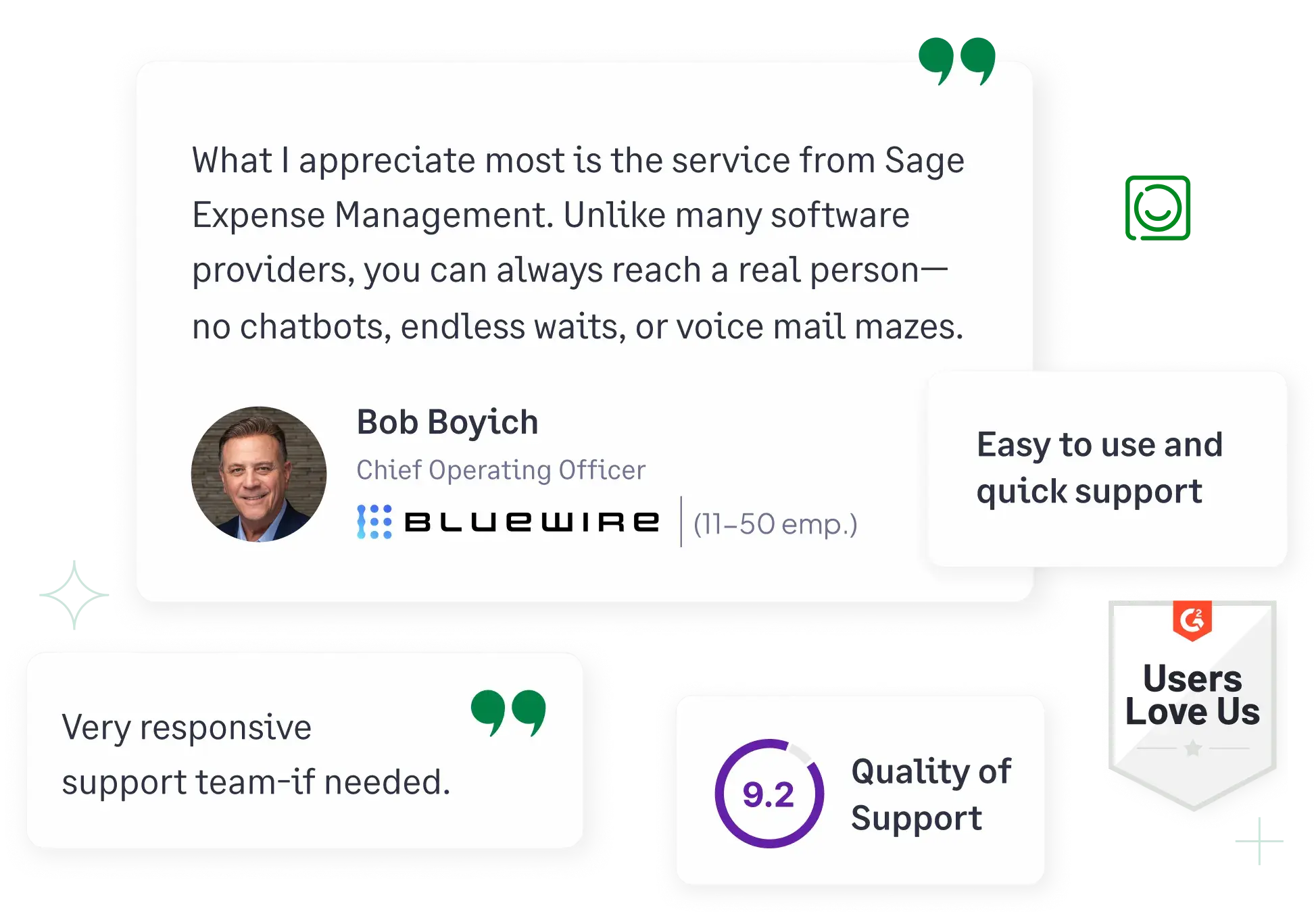 Multiple positive reviews and scores highlighting Sage Expense Management's customer support, ease of use and usability.