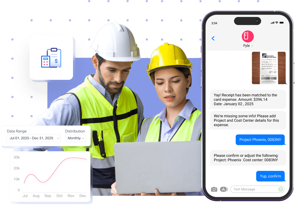 Construction employees tracking receipts via text message using Fyle