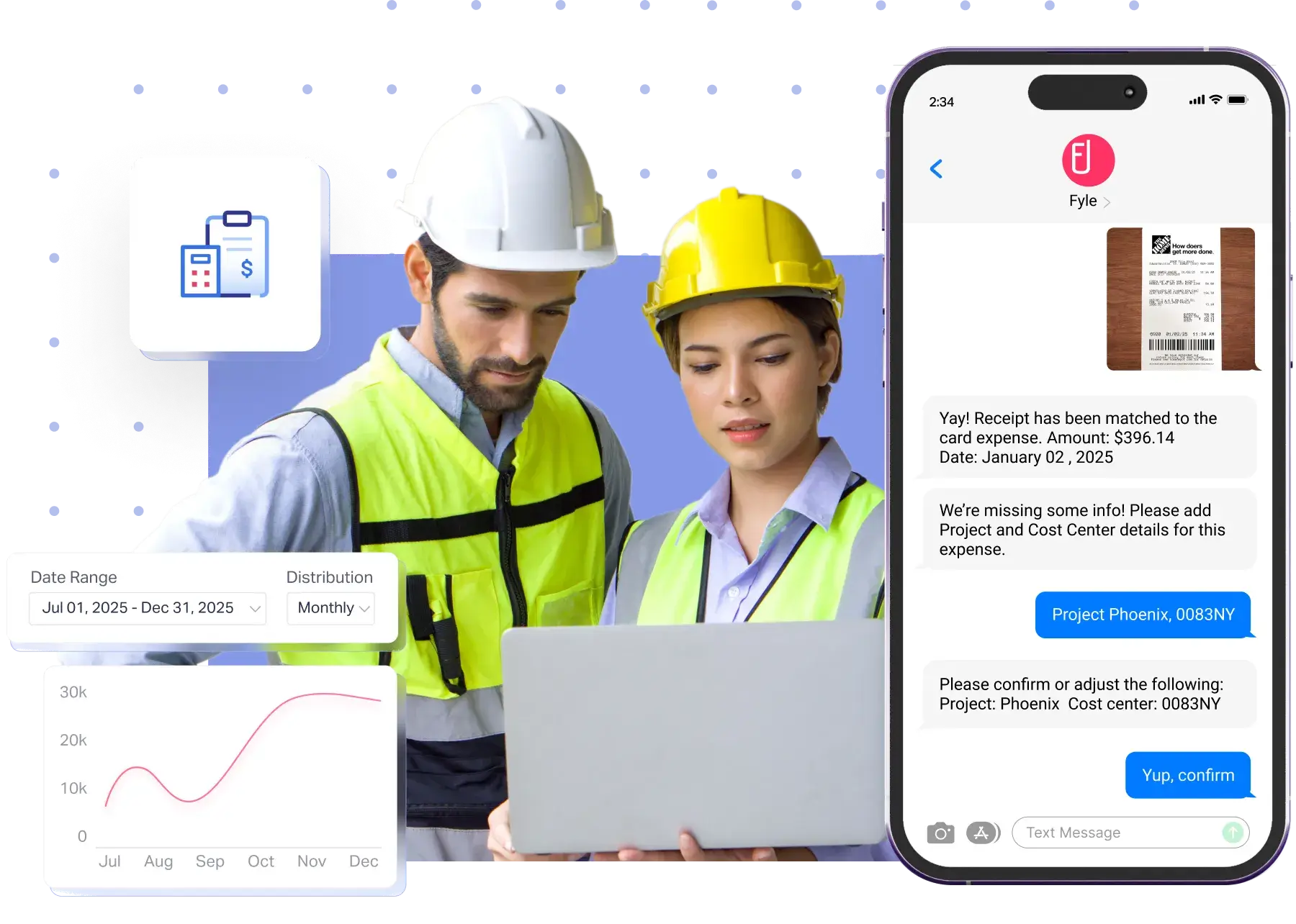 Construction employees tracking receipts via text message using Fyle