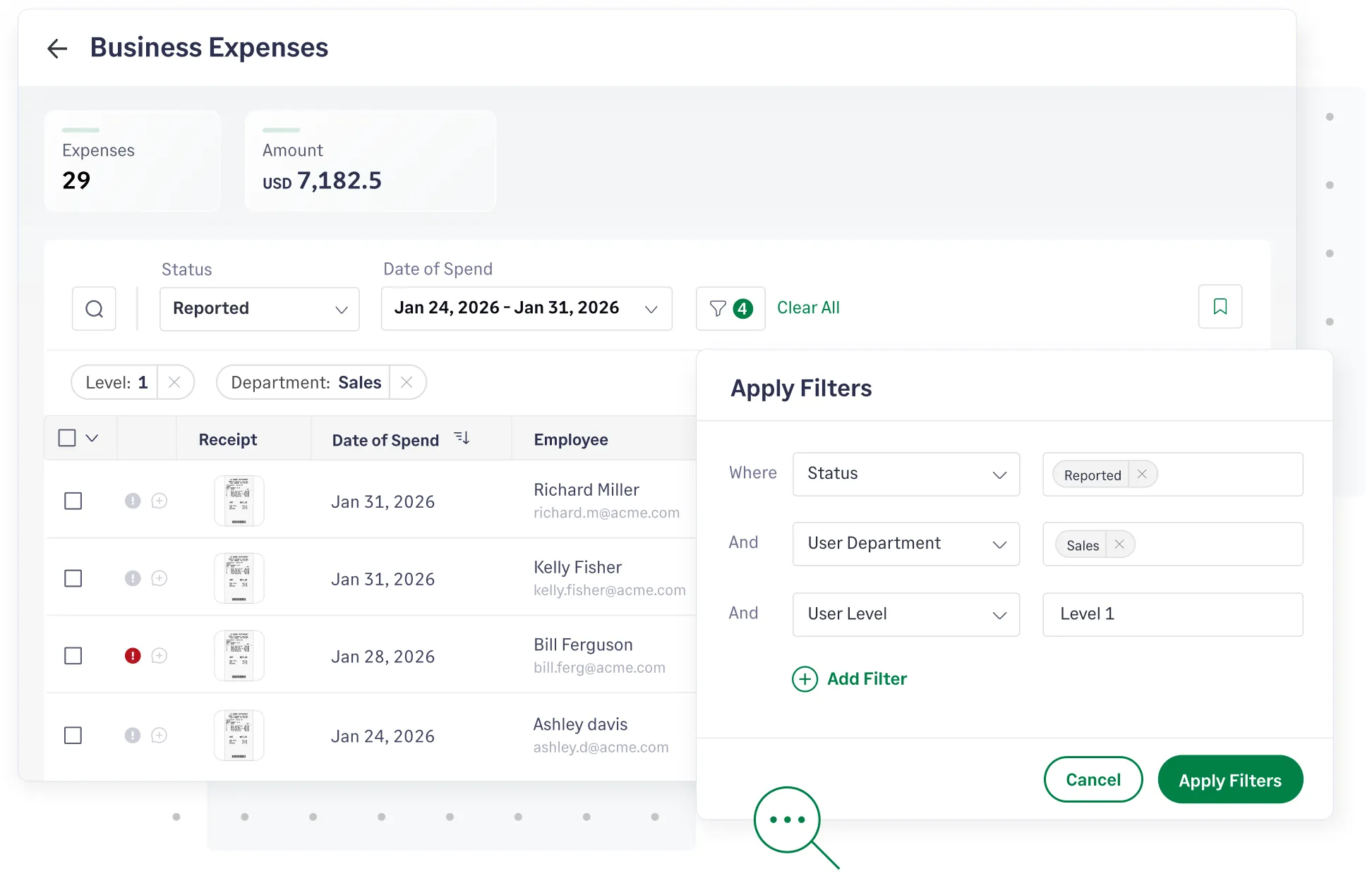 Sage Expense Management business expense tab showing transaction with receipt attachments.