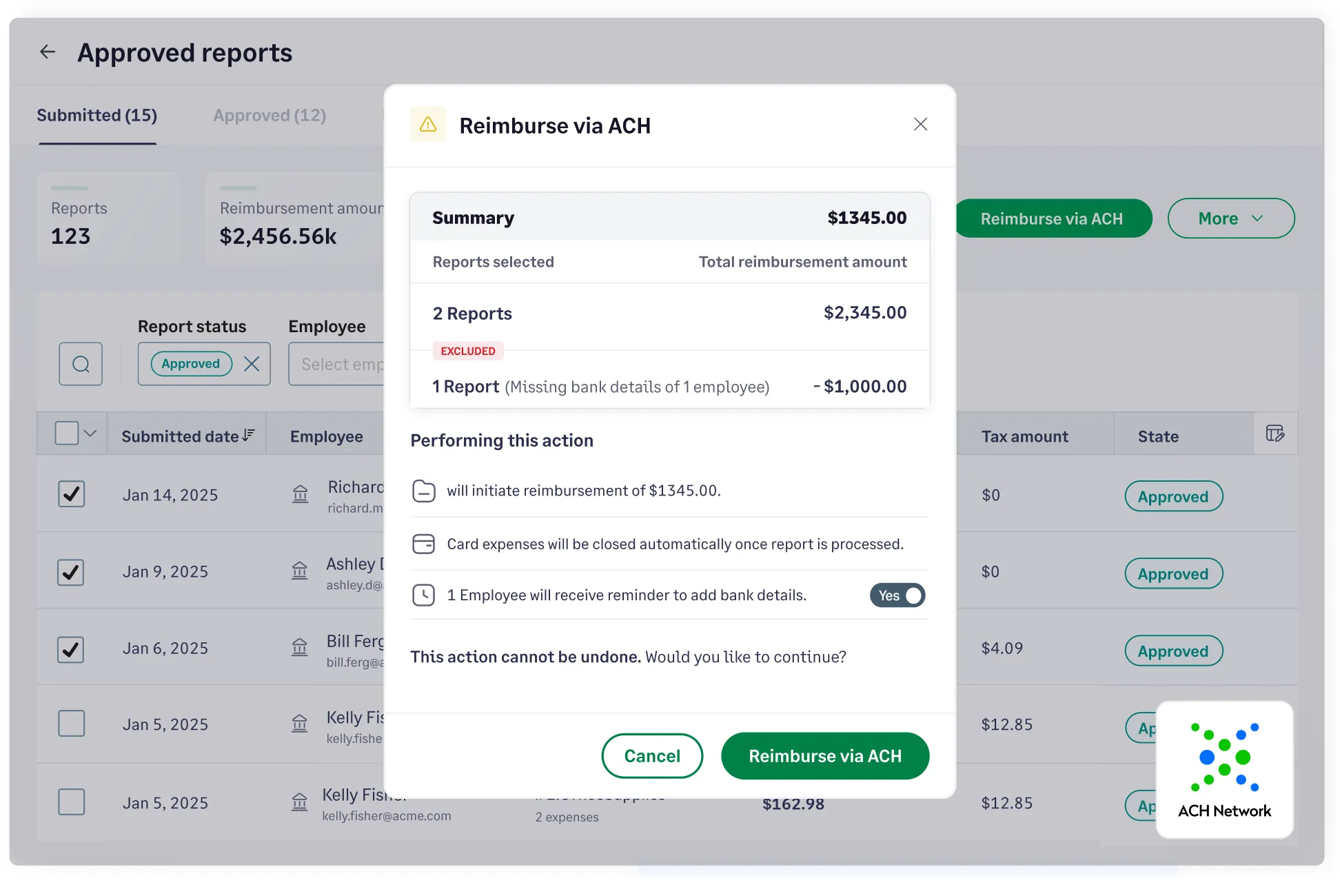 Pay expense reimbursements directly with Sage Expense Management's employee reimbursement software via ACH