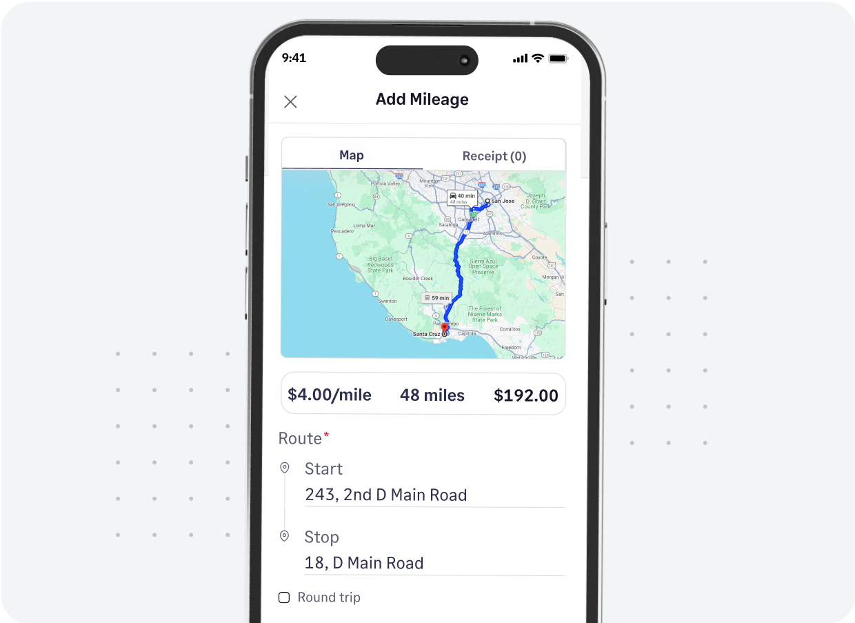 Track business mileage with our travel and expense management software