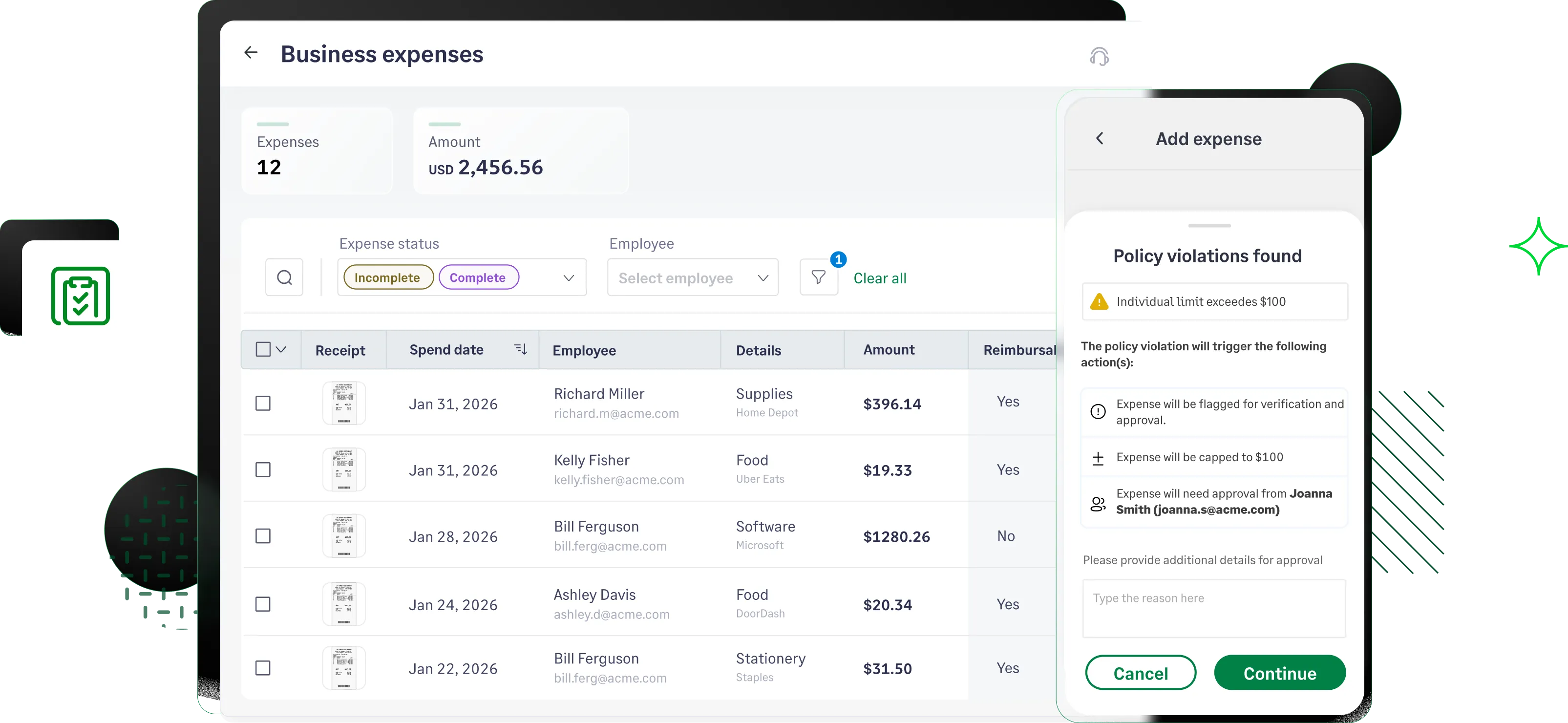 Sage Expense Management flagging a expense policy violation
