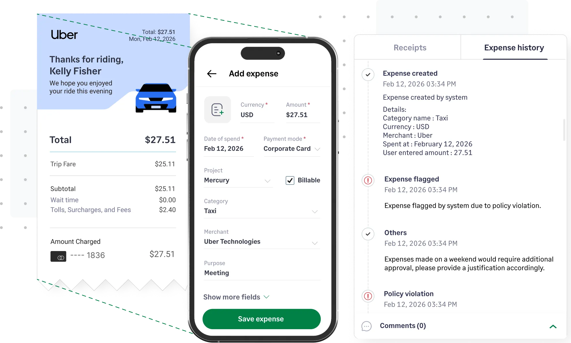 Sage Expense Management audit trial tab showing expense transaction history.