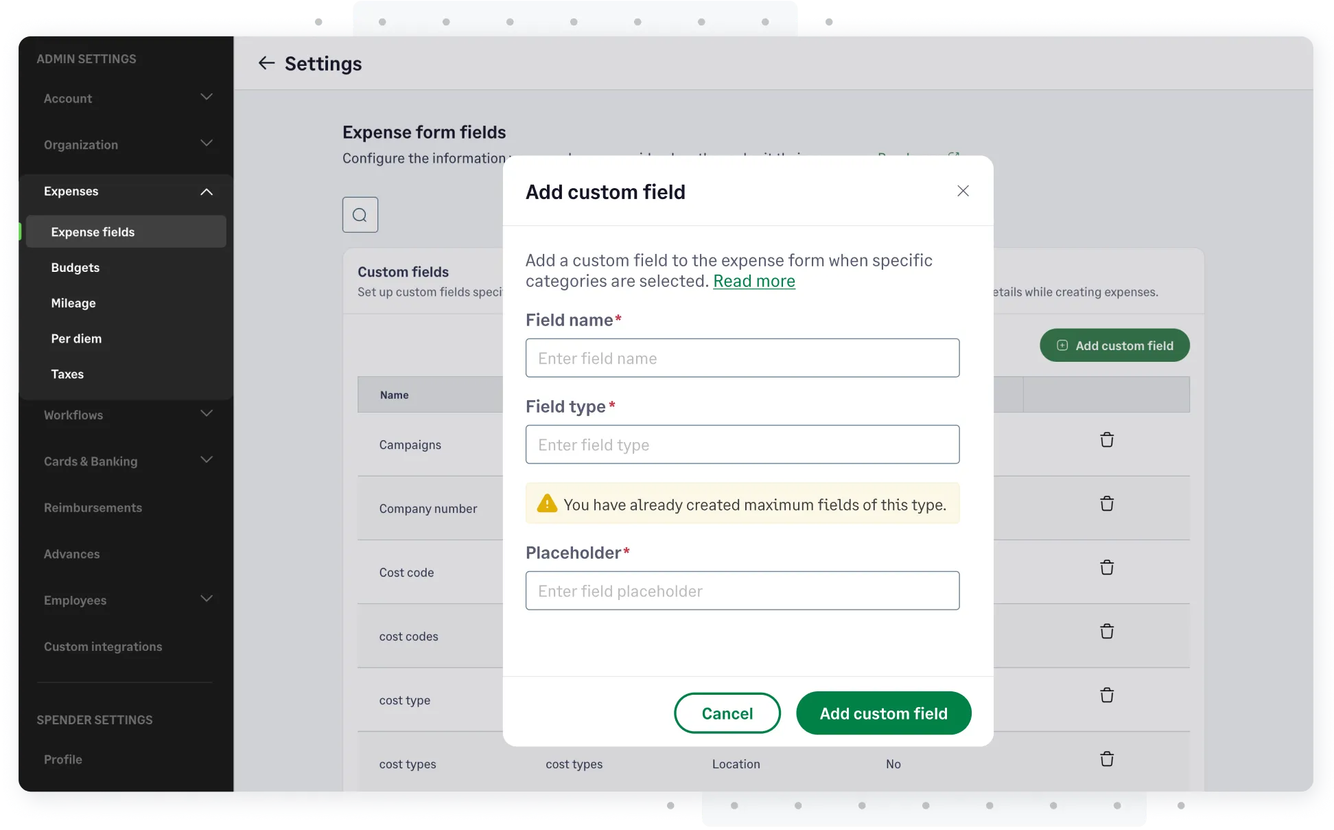 Sage Expense Management granular reporting admin settings