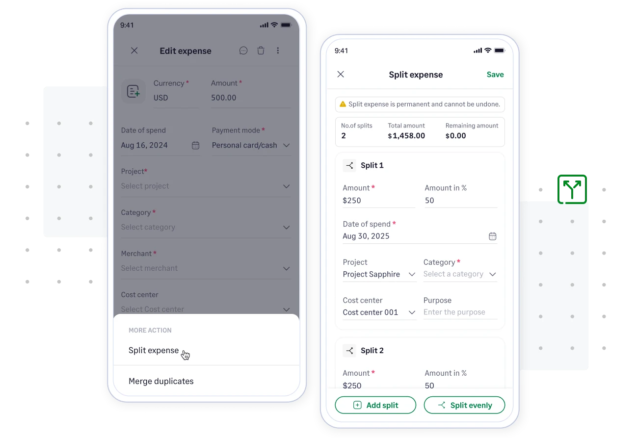 Split expense feature in Sage Expense Management