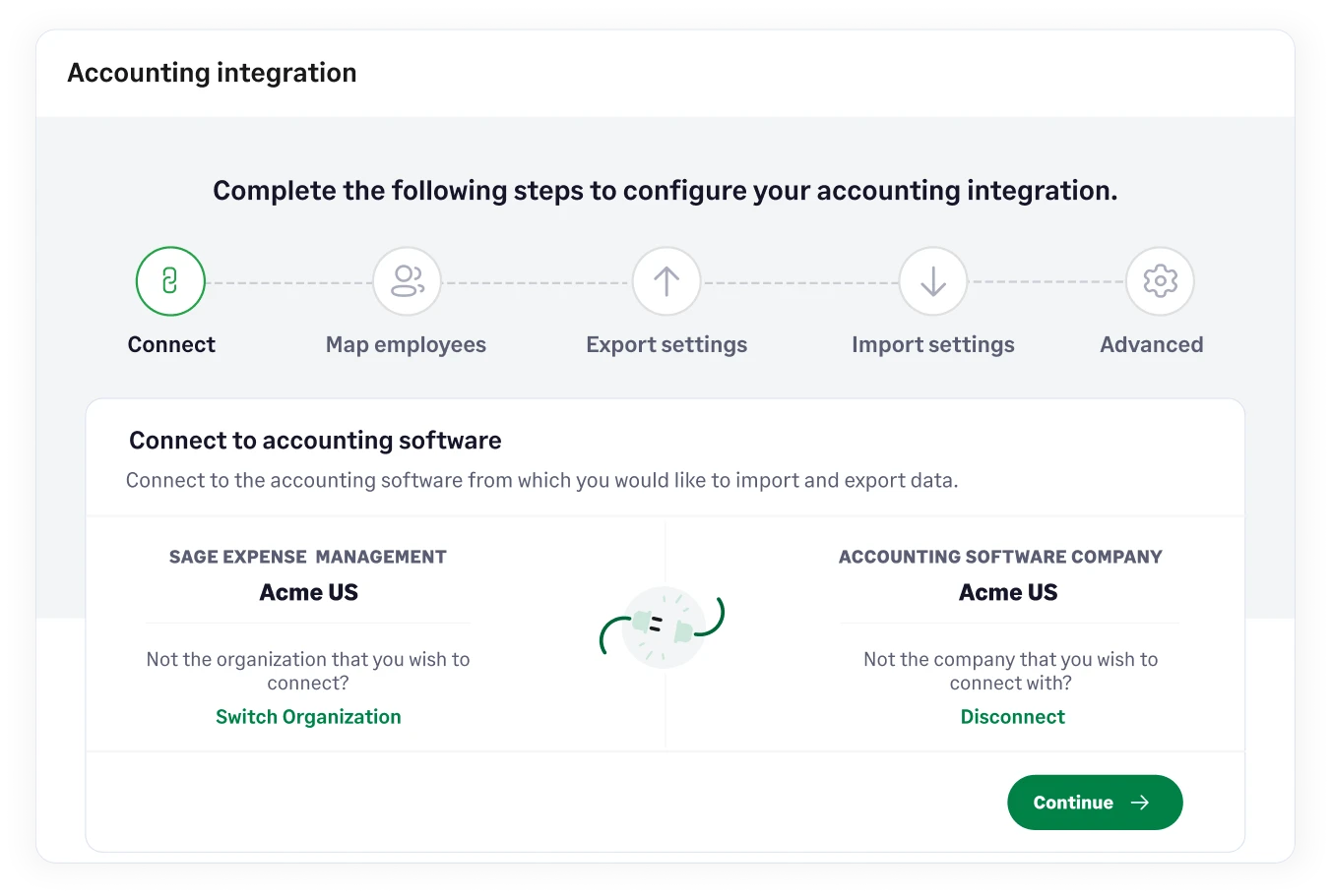Sage Expense Management's accounting integration set up screen