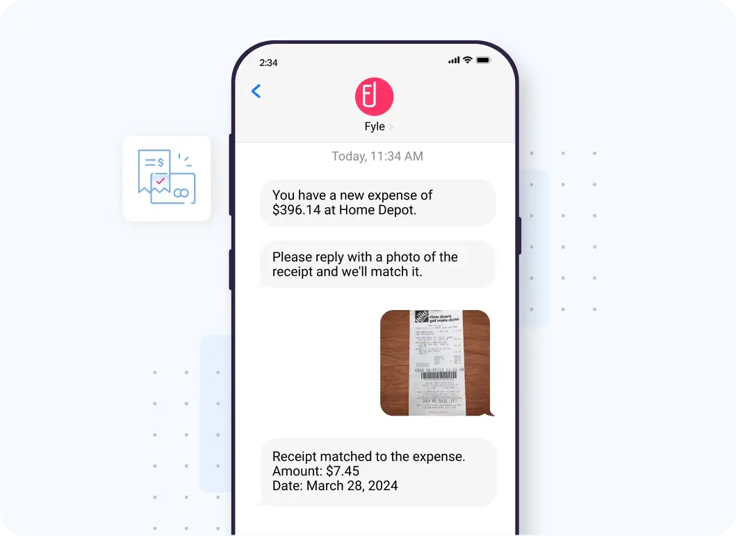 Fyle helps collect receipts and reconcile card spend via Text