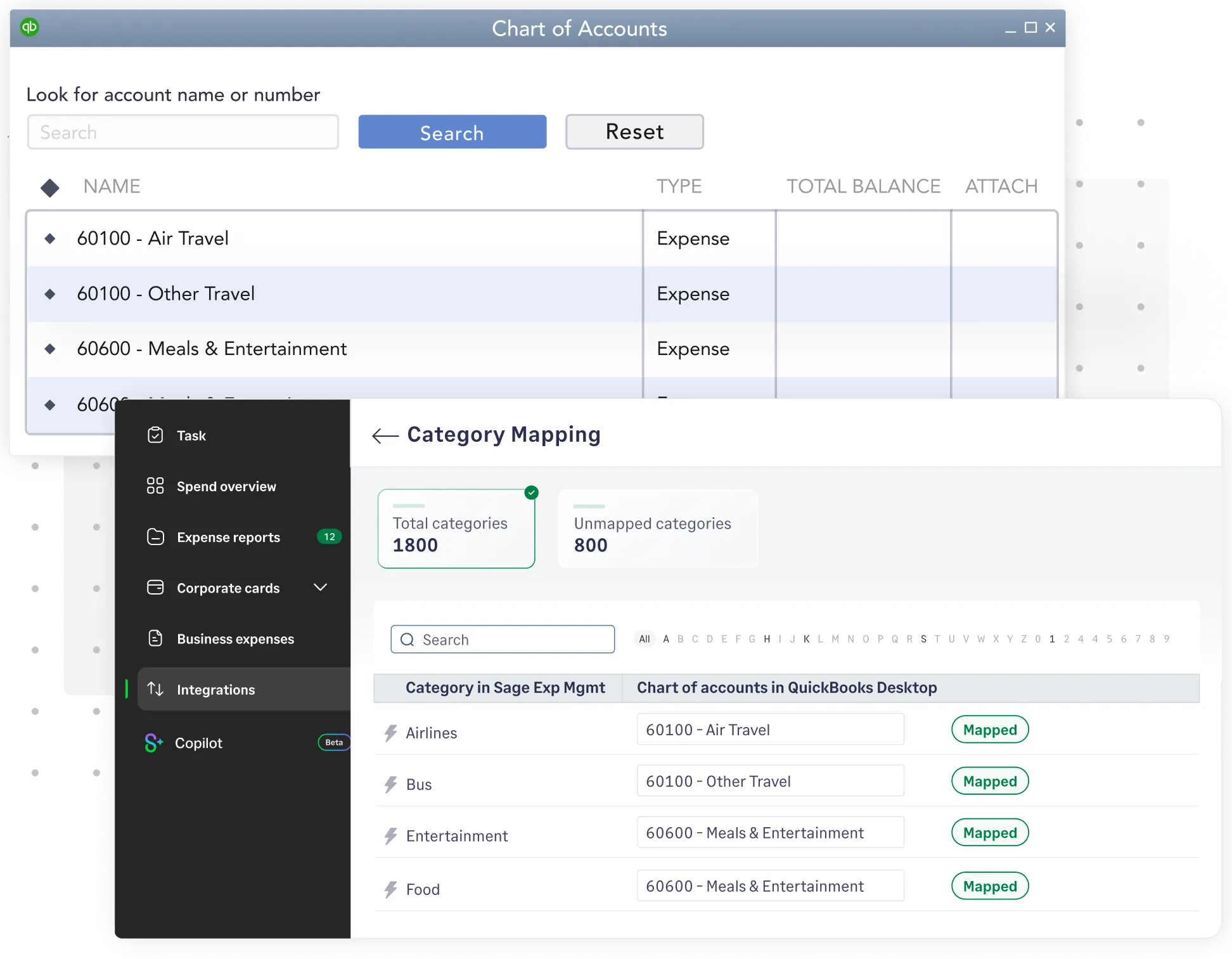 Chart of accounts mapping with Sage Expense Management's QuickBooks Desktop integration