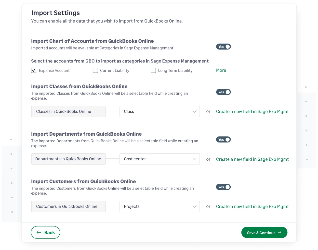 Import expense information directly from QuickBooks Online to Sage Expense Management.