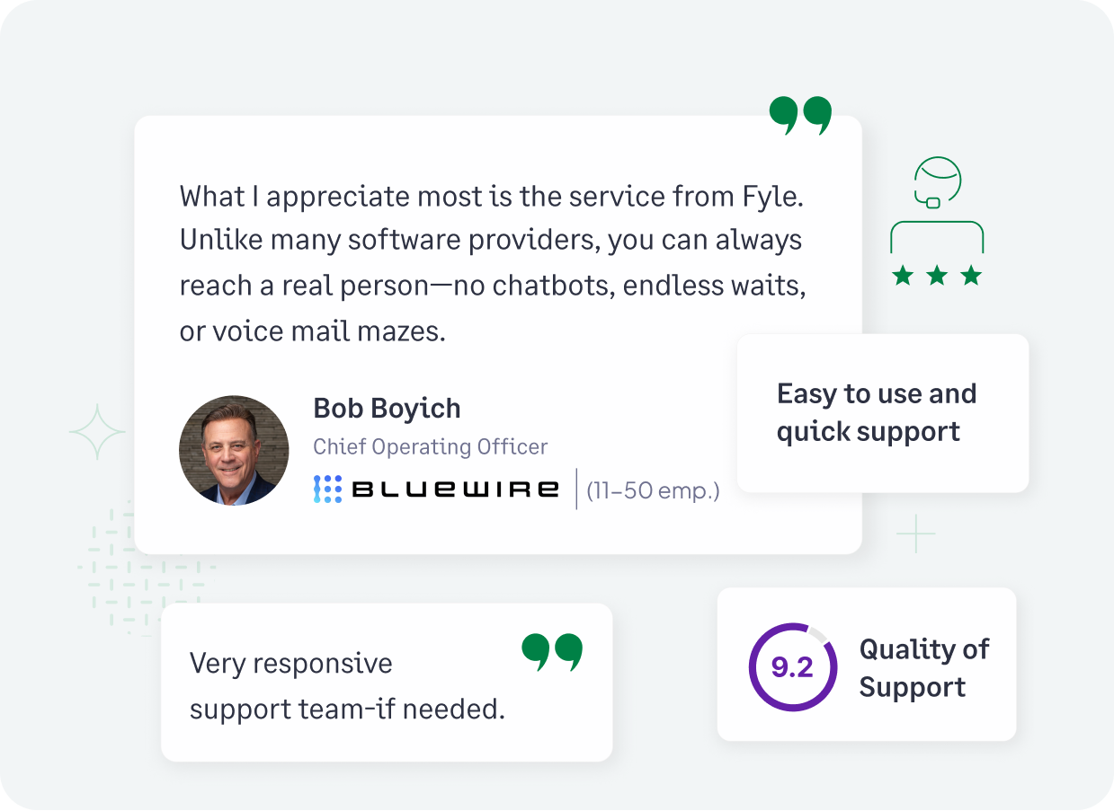 Fyle's customer testimonials, ratings and badges