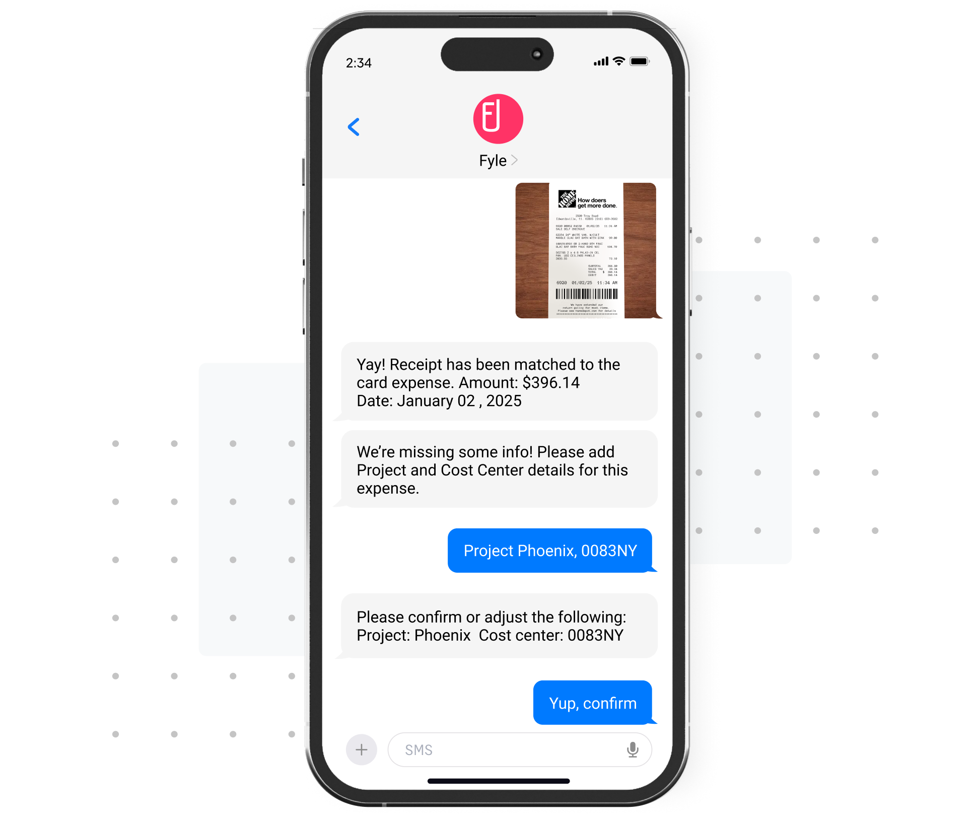 Reply to the card spend notification with a receipt picture to reconcile it automatically with Fyle
