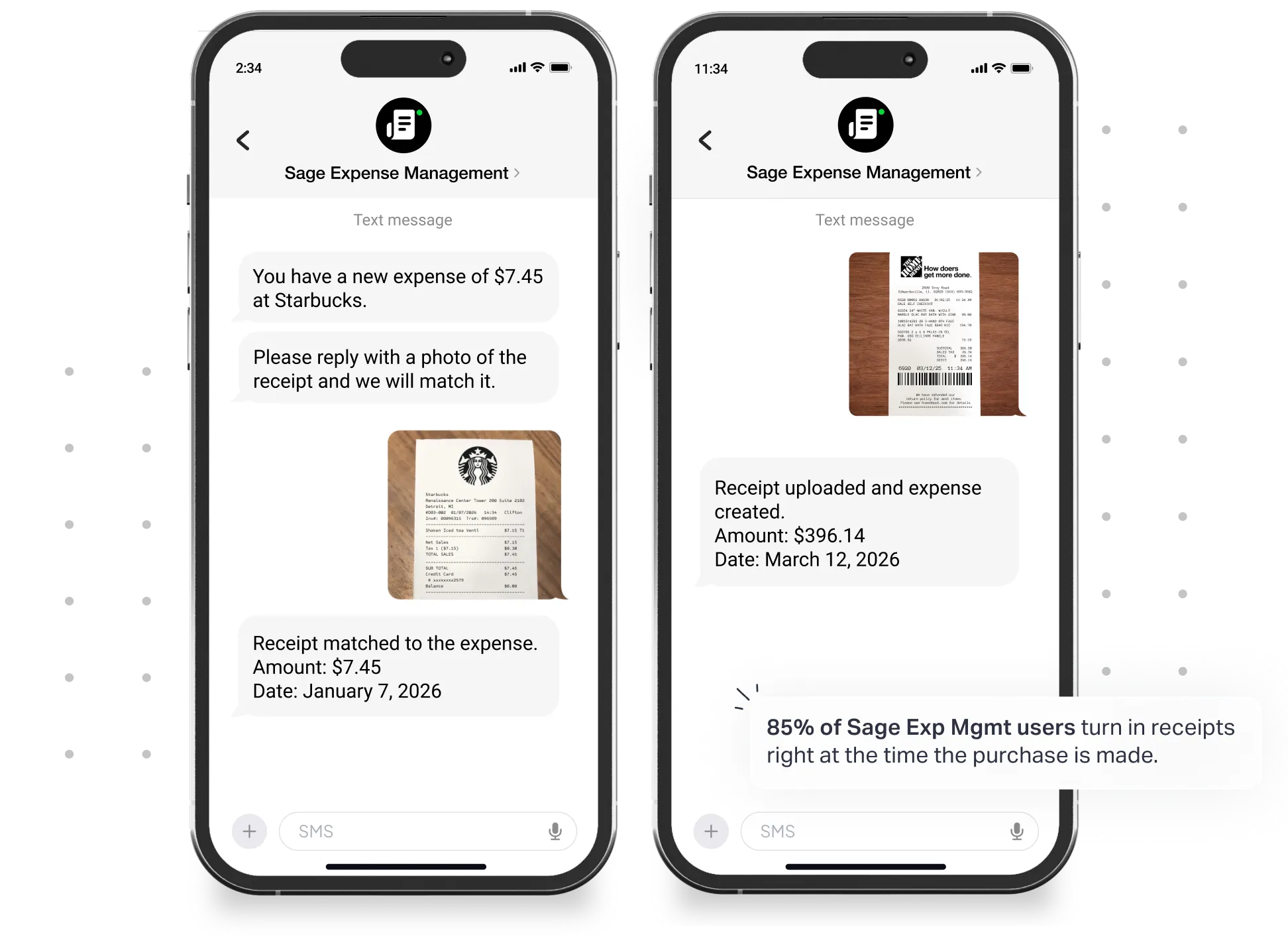 Collect receipts and details via text for easy reconciliation with Sage Expense Management