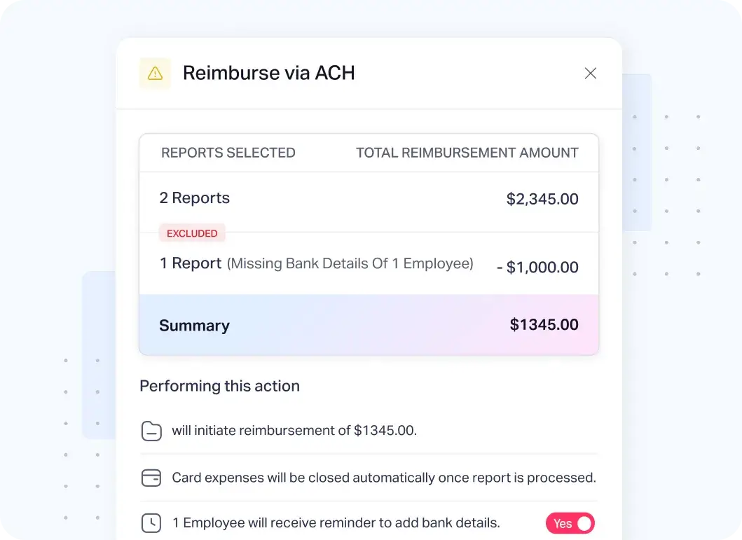 Fyle can reimburse employee expense reports directly via ACH