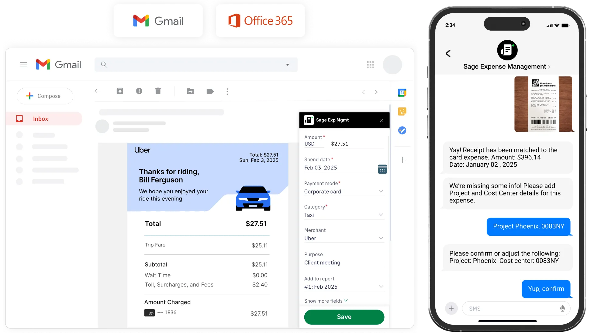 Capture expense receipts from Gmail, Slack, Outlook, text message or mobile app